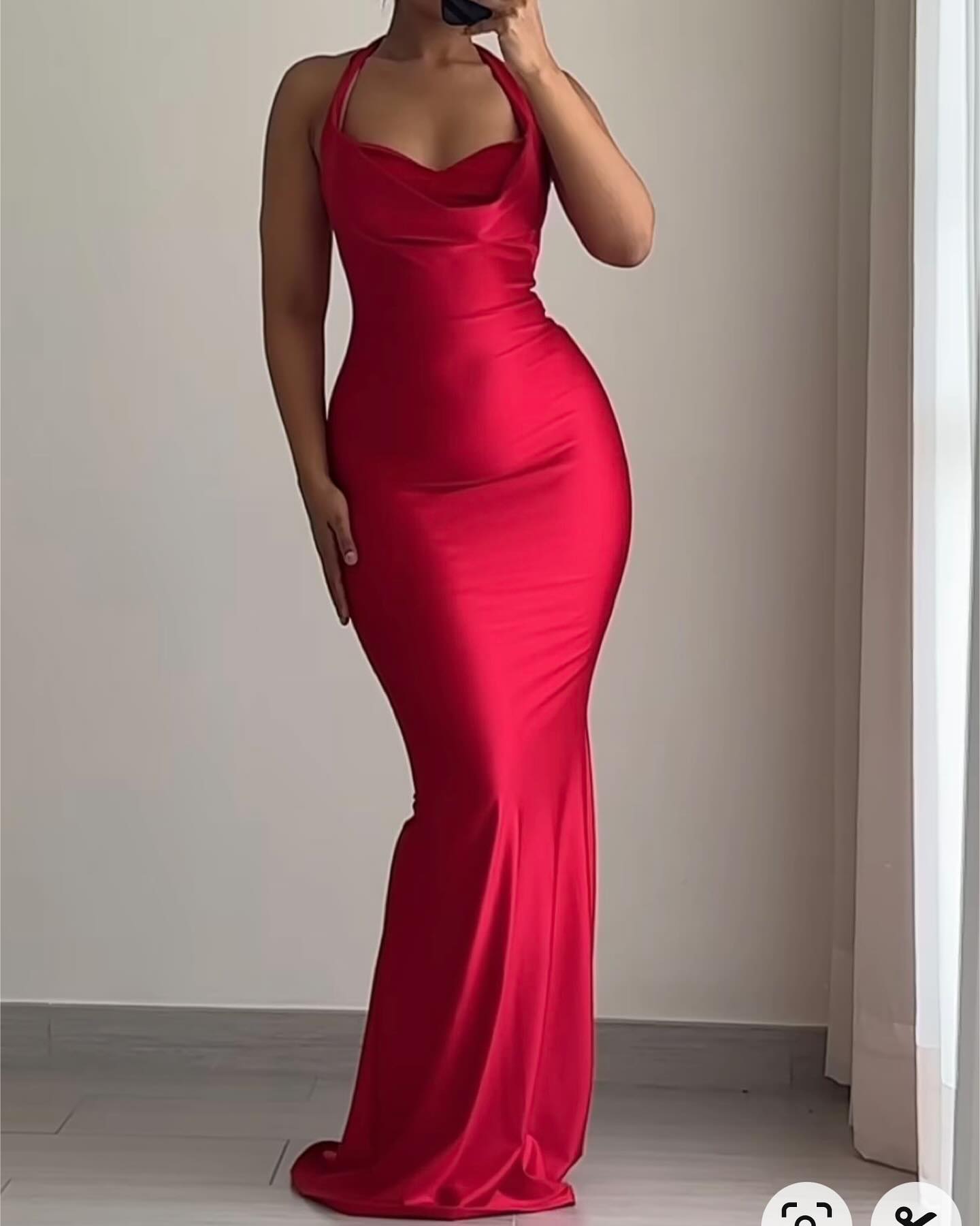 Pretty Mermaid Halter Red Satin Prom Dresses Black Girl Graduation Dress D2544