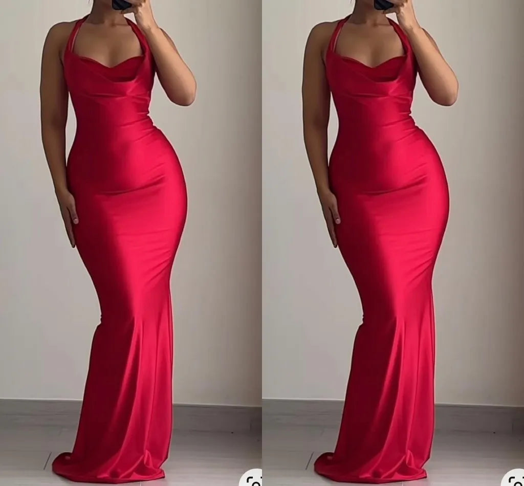 Pretty Mermaid Halter Red Satin Prom Dresses Black Girl Graduation Dress D2544