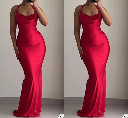 Pretty Mermaid Halter Red Satin Prom Dresses Black Girl Graduation Dress D2544