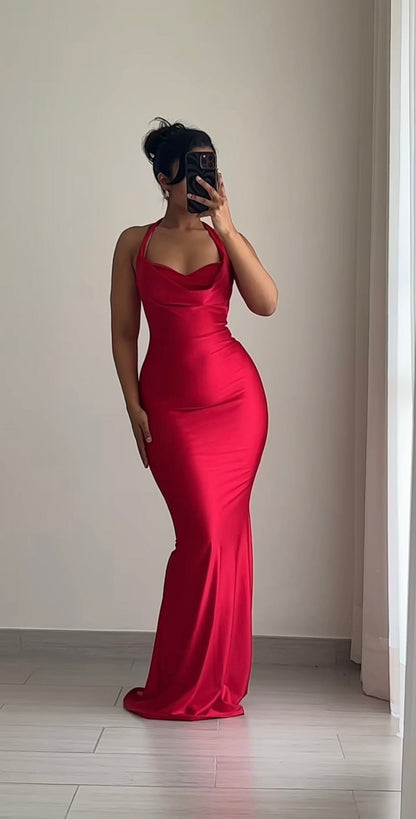 Pretty Mermaid Halter Red Satin Prom Dresses Black Girl Graduation Dress D2544