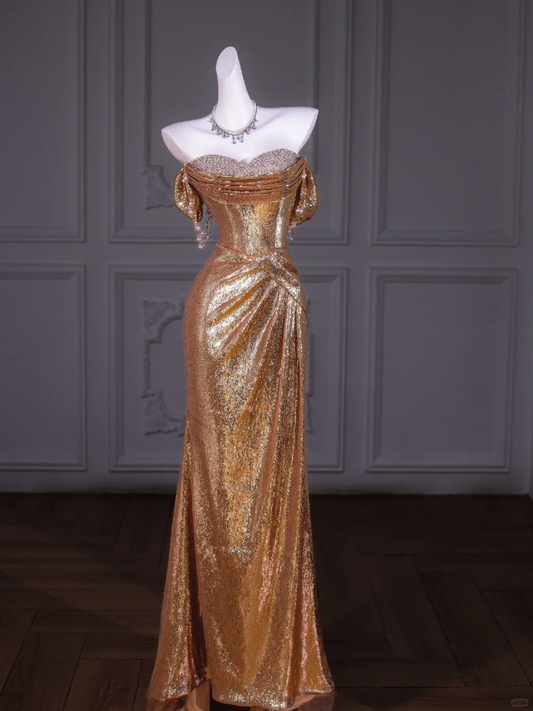 Gorgeous Mermaid Off The Shoulder Gold Sequin Beads Long Prom Dress Party Dress Graduation Dresses D2547