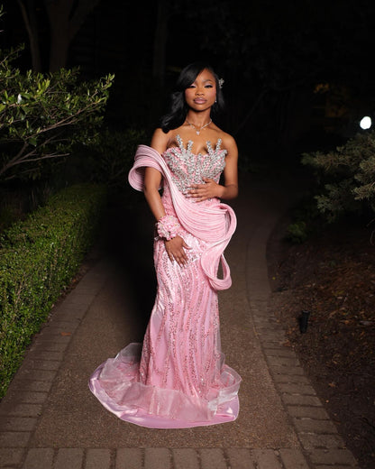 Gorgeous Mermaid Sweetheart Pink Satin Sequin Long Prom Dress Party Dr – DivineProm
