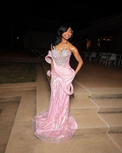 Gorgeous Mermaid Sweetheart Pink Satin Sequin Long Prom Dress Party Dress Graduation Dresses D2599
