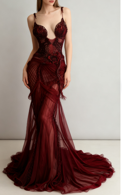 Sexy Mermaid Spaghetti Straps Wine Red Long Birthday Dress Birthday Outfits Graduation Dresses D2606