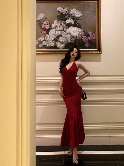 Sexy Mermaid Halter Red Sequin Sleeveless Prom Dresses Party Dress Summer Birthday Outfits 20th Birthday Dresses W818