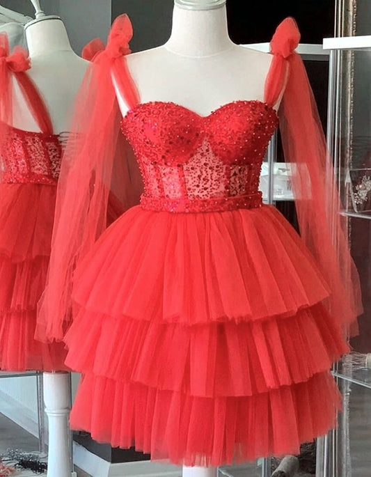 Fancy Short Hoco Dresses Ball Gown Spaghetti Straps Red Short Mini Formal 8th Grade Homecoming Dresses Summer Middle School Homecoming Outfits DH02