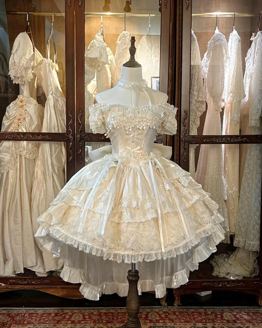Vintage Ball Gown White Off Shoulder Tulle Lace  Short Lolita Outfits 22th Birthday Dress Mini Cute Lolita Dress  DH02715