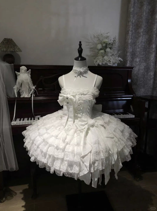 Vintage Ball Gown White Tulle Lace Spaghetti Straps Short Lolita Outfits 18th Birthday Dress Mini Cute Lolita Dress DH02716