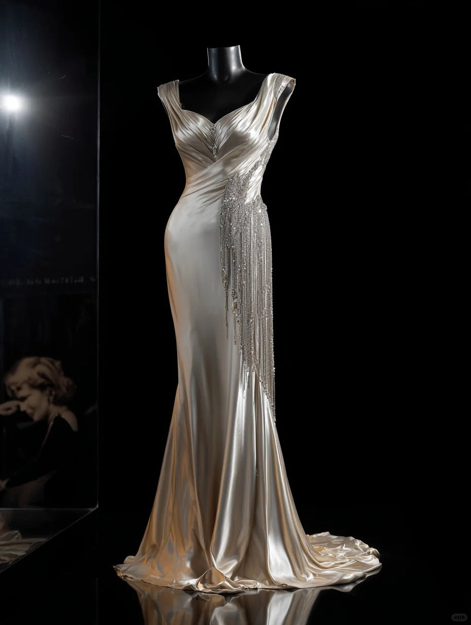 Modest Champagne V-neck Evening Dresses Mermaid Satin Tassel Long Prom Dresses Graduation Dresses DH02720