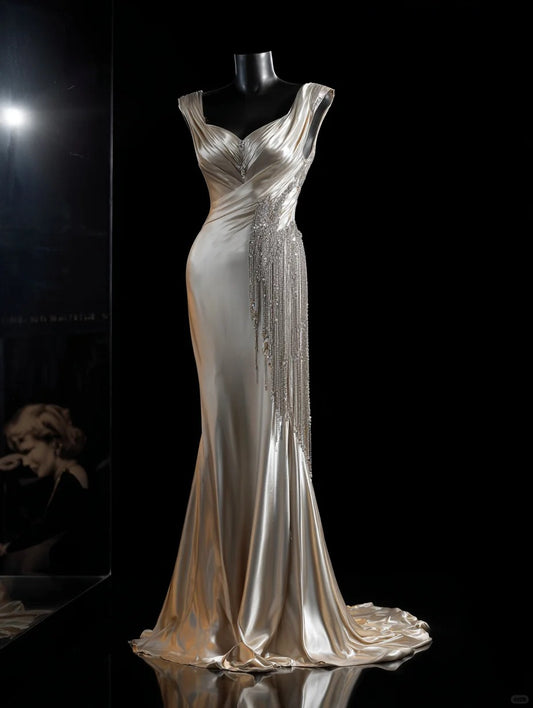 Modest Champagne V-neck Evening Dresses Mermaid Satin Tassel Long Prom Dresses Graduation Dresses DH02720