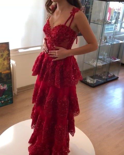 Elegant A Line Spaghetti Straps Red Lace Sleeveless Long Evening Party Gowns Evening Formal Dresses Prom Dress DH04