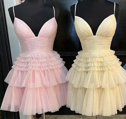 Fancy Short Hoco Dresses Ball Gown Spaghetti Straps Tulle Formal 8th Grade Homecoming Dresses Summer Middle School Homecoming Outfits DH08