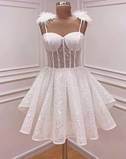Fancy Short Hoco Dresses Ball Gown Spaghetti Straps White Mini Formal 8th Grade Homecoming Dresses Summer Middle School Homecoming Outfits DH09