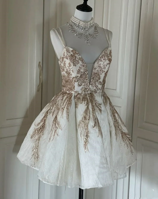 Fancy Short Hoco Dresses Ball Gown Spaghetti Straps White Mini Formal 8th Grade Homecoming Dresses Summer Middle School Homecoming Outfits DH10