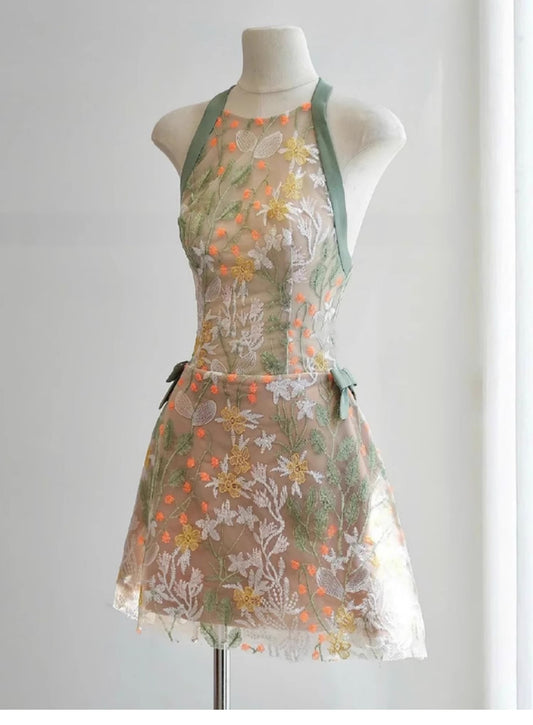 Pretty A Line Halter Green Lace Short Mini Formal 8th Grade Homecoming Dresses Summer Middle School Hoco Dress Homecoming Outfits DH1004