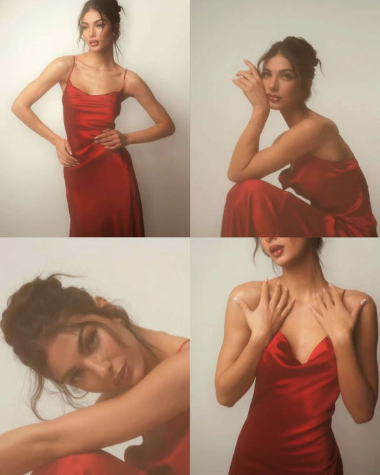 Elegant Sheath Spaghetti Straps Red Satin Long Prom Dresses Party Dress Summer 20th Birthday Outfits 18th Birthday Dresses DH1037