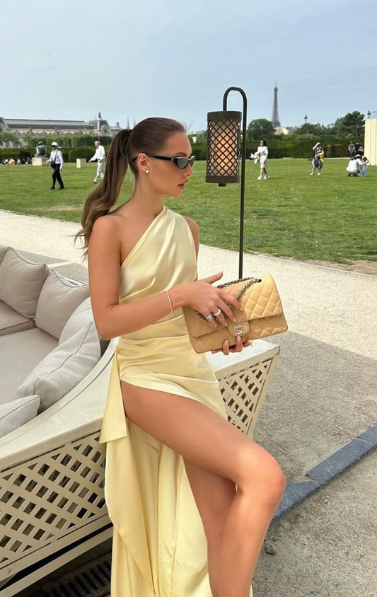 Elegant Sheath One Shoulder Yellow Slit Satin Long Prom Dresses Party Dress Summer 20th Birthday Outfits 18th Birthday Dresses DH1038