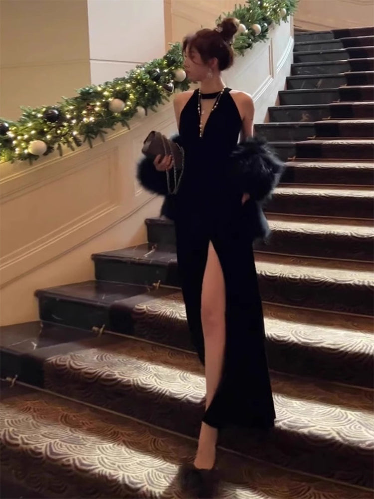 Robe de bal élégante en velours noir, col rond, style sirène, tenue de soirée pour 22e anniversaire, 18e anniversaire, DH1042