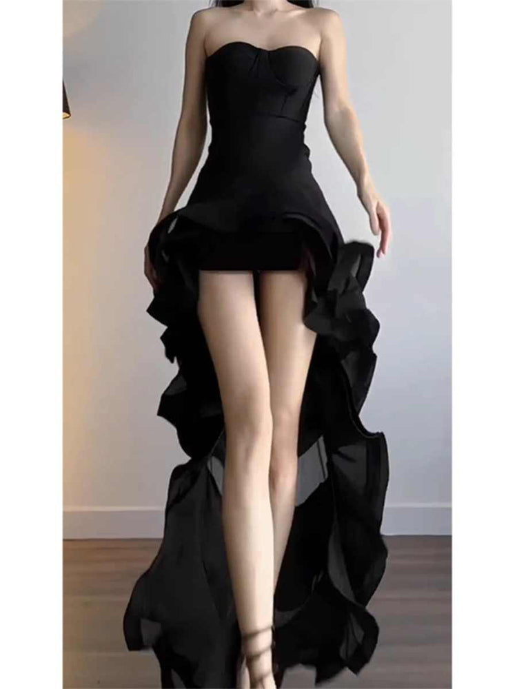 Elegant High Low Strapless Black Long Prom Dresses Party Dress Summer 22th Birthday Outfits 18th Birthday Dresses DH1043