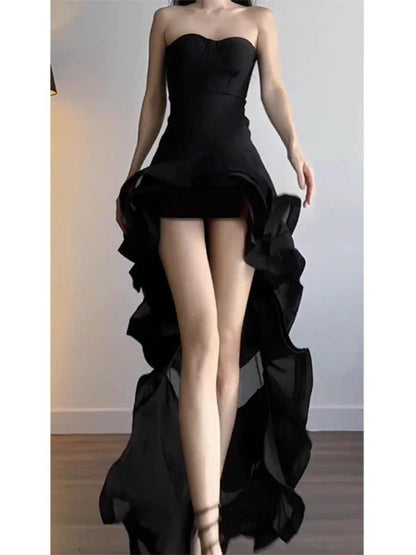 Elegant High Low Strapless Black Long Prom Dresses Party Dress Summer 22th Birthday Outfits 18th Birthday Dresses DH1043