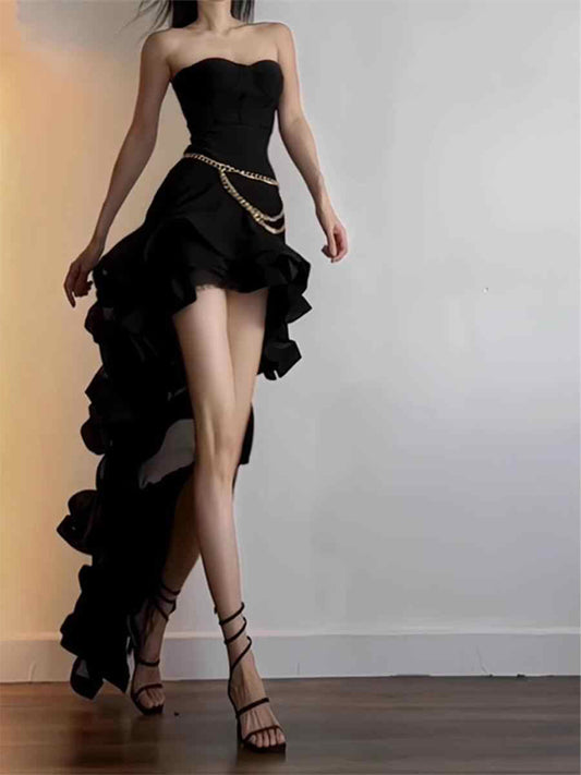 Elegant High Low Strapless Black Long Prom Dresses Party Dress Summer 22th Birthday Outfits 18th Birthday Dresses DH1043