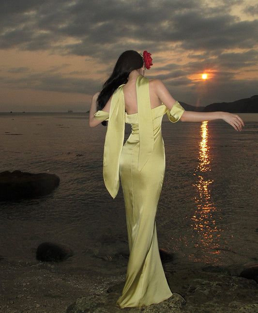 Elegant Mermaid Off The Shoulder Yellow Satin Prom Dresses Party Dress Summer 22th Birthday Outfits 18th Birthday Dresses DH1048