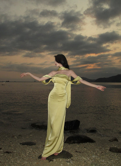 Elegant Mermaid Off The Shoulder Yellow Satin Prom Dresses Party Dress Summer 22th Birthday Outfits 18th Birthday Dresses DH1048