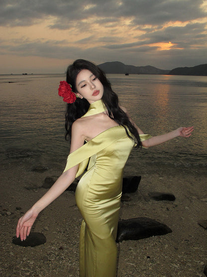 Elegant Mermaid Off The Shoulder Yellow Satin Prom Dresses Party Dress Summer 22th Birthday Outfits 18th Birthday Dresses DH1048