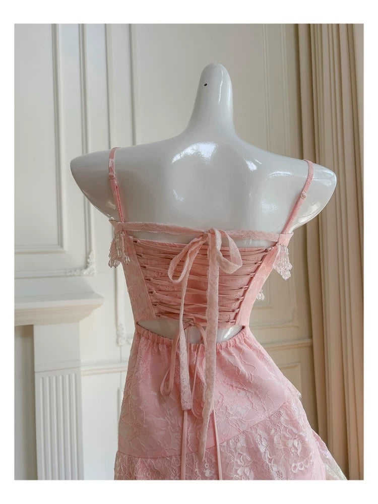 Cute High Low Spaghetti Straps Pink Lace Formal 8th Grade Homecoming Dresses Summer Middle School Hoco Dress Homecoming Outfits DH104