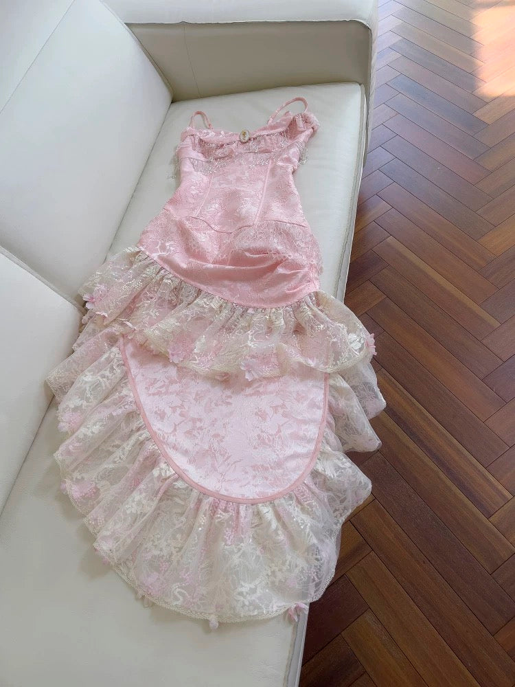 Cute High Low Spaghetti Straps Pink Lace Formal 8th Grade Homecoming Dresses Summer Middle School Hoco Dress Homecoming Outfits DH104