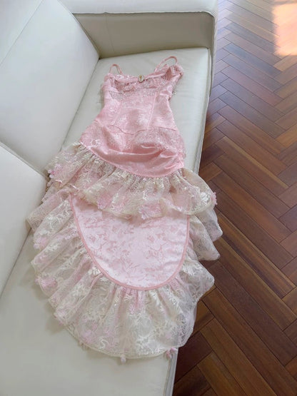 Cute High Low Spaghetti Straps Pink Lace Formal 8th Grade Homecoming Dresses Summer Middle School Hoco Dress Homecoming Outfits DH104