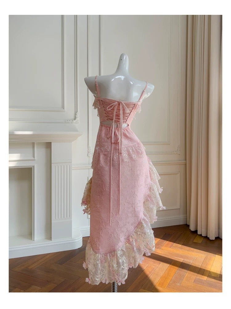 Cute High Low Spaghetti Straps Pink Lace Formal 8th Grade Homecoming Dresses Summer Middle School Hoco Dress Homecoming Outfits DH104