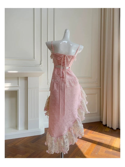 Cute High Low Spaghetti Straps Pink Lace Formal 8th Grade Homecoming Dresses Summer Middle School Hoco Dress Homecoming Outfits DH104