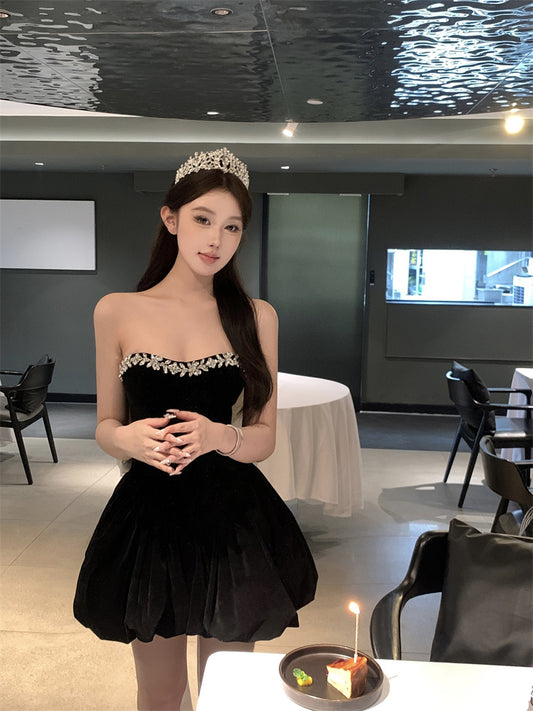 Cute Ball Gown Sweetheart Black Velvet Mini Short Formal 8th Grade Homecoming Dresses Summer Middle School Hoco Dress Homecoming Outfits DH1056