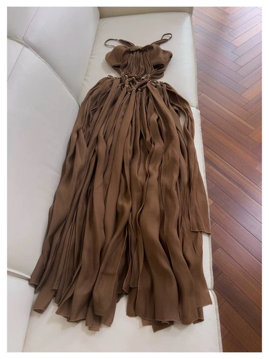 Elegant A Line Halter Brown Chiffon Sleeveless Long Evening Party Gowns Evening Formal Dresses Prom Dress DH105