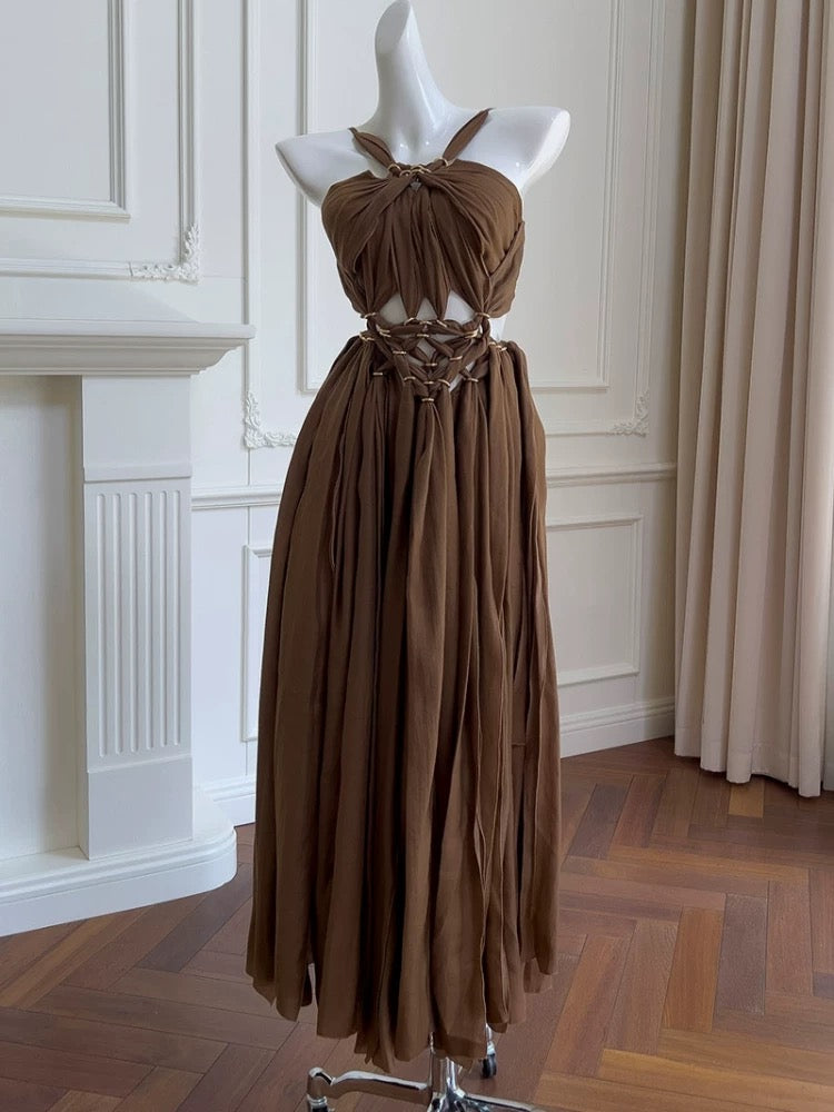 Elegant A Line Halter Brown Chiffon Sleeveless Long Evening Party Gowns Evening Formal Dresses Prom Dress DH105