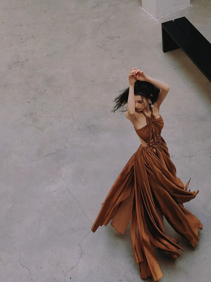 Elegant A Line Halter Brown Chiffon Sleeveless Long Evening Party Gowns Evening Formal Dresses Prom Dress DH105