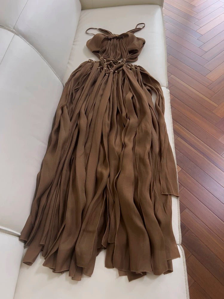 Elegant A Line Halter Brown Chiffon Sleeveless Long Evening Party Gowns Evening Formal Dresses Prom Dress DH105