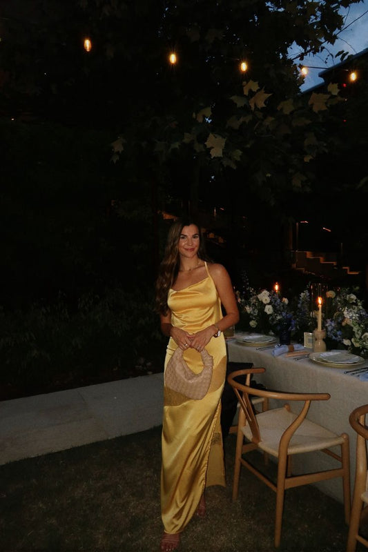 Vintage Sheath Halter Yellow Satin Long Prom Dresses Party Dress Summer 22th Birthday Outfits 21st Birthday Dresses DH1070