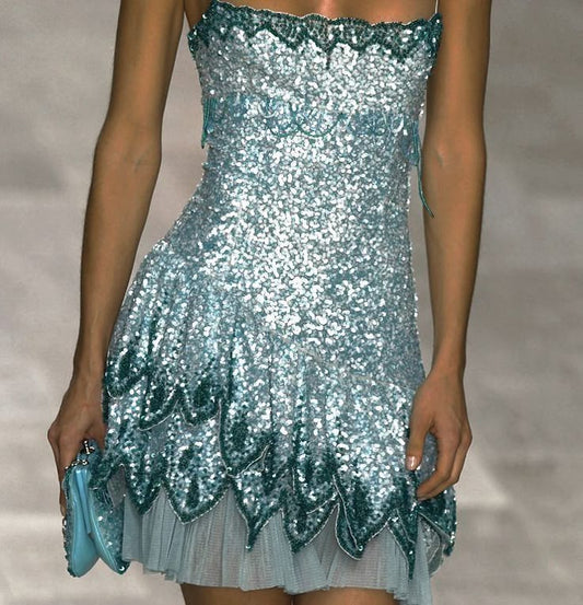 Robe de soirée courte à bretelles spaghetti et paillettes bleues, tenue d'été pour le 20e anniversaire, style collège, DH1084