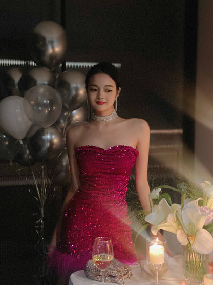 Cute Sheath Sweetheart Dragon Fruit Color Sequin Mini Short Formal 8th Grade Homecoming Dresses Summer Middle School Hoco Dress Homecoming Outfits DH1090