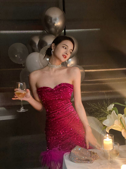 Cute Sheath Sweetheart Dragon Fruit Color Sequin Mini Short Formal 8th Grade Homecoming Dresses Summer Middle School Hoco Dress Homecoming Outfits DH1090