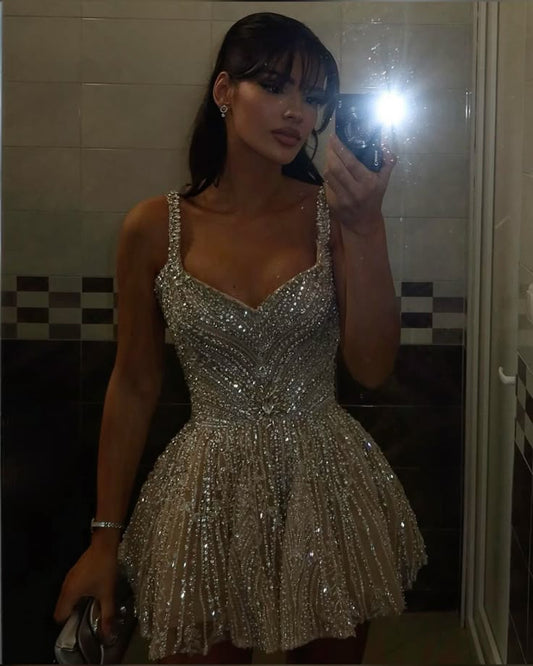 Fancy Short Hoco Dresses A line Straps Champagne Mini Formal 8th Grade Homecoming Dresses Summer Middle School Homecoming Outfits DH11