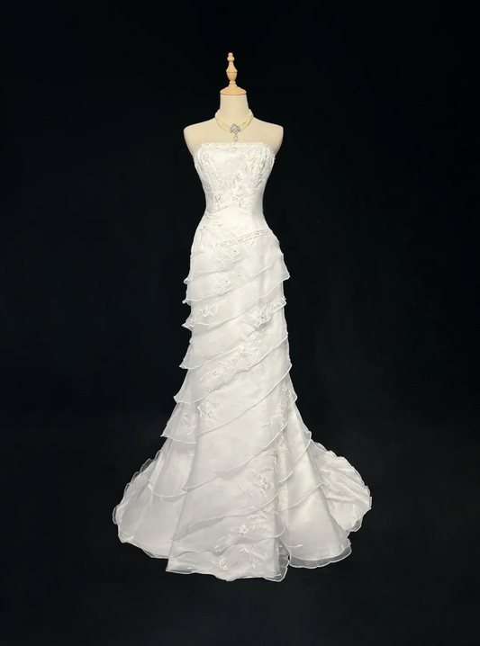 Vintage Bridal Gown 1960s Mermaid Strapless Chiffon Sleeveless Lace Long White 90s Wedding Dresses Elegant Bridal Gowns DH1107