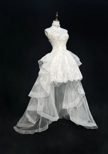 Unique Bridal Gown High Low Spaghetti Straps Lace Sleeveless White 50s Wedding Dresses Modest Bridal Gowns DH1115