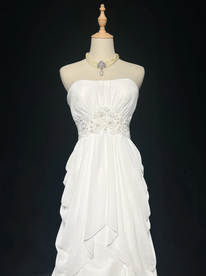 Retro Bridal Gown 1960s A line Strapless Sleeveless Chiffon Pleated Beads Long White Wedding Dresses Elegant Bridal Gowns DH1119