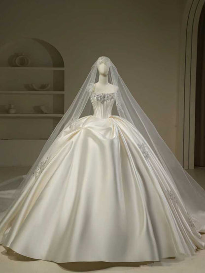 Pretty Wedding Dress Ball Gown Strapless White Long Satin Wedding Dresses Bridal Gowns Brides Gown DH111