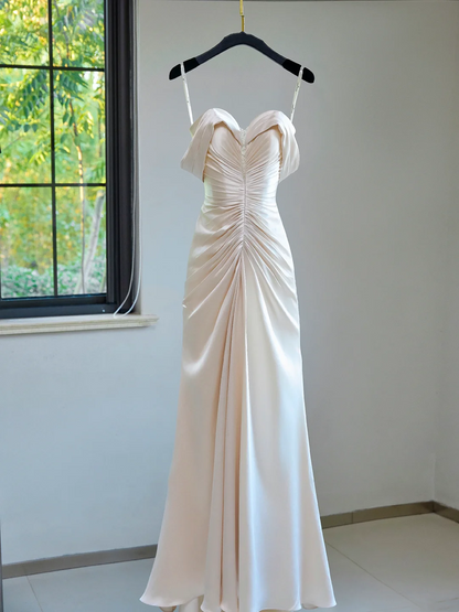 Robe de mariée modeste, fourreau, épaules dénudées, rose clair, en satin plissé, longue, élégante, DH1122