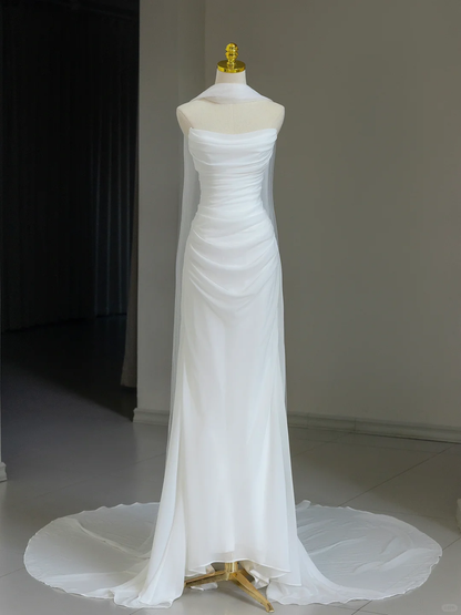 Robe de mariée modeste, fourreau, épaules dénudées, manches courtes, en tulle, élégante, DH1134