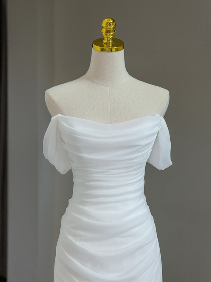 Robe de mariée modeste, fourreau, épaules dénudées, manches courtes, en tulle, élégante, DH1134